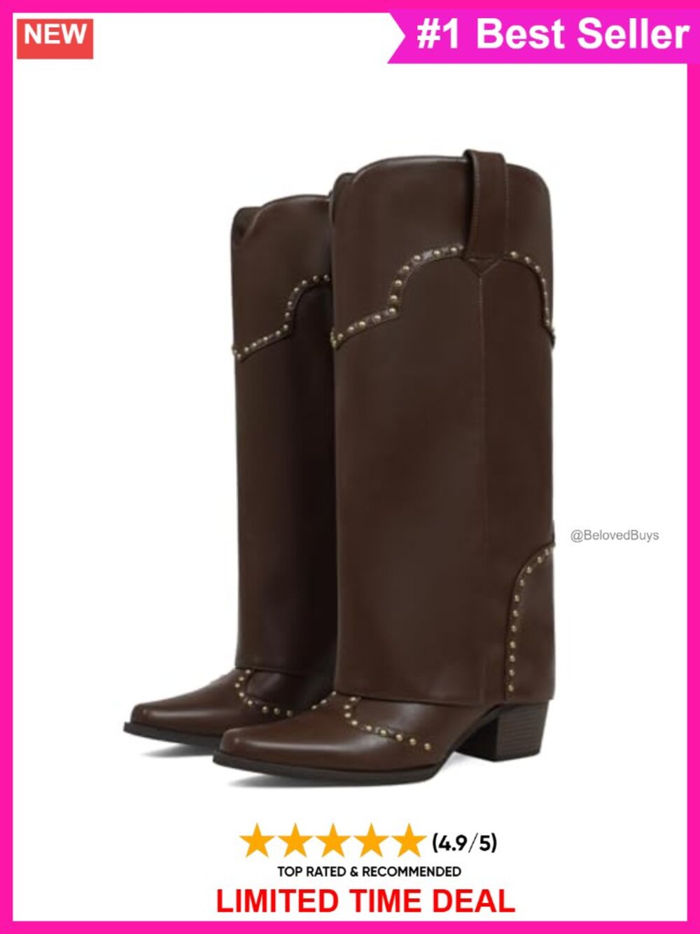 Fold Over Knee High Boots Chunky Heel Square Toe Studded Women's Boots
